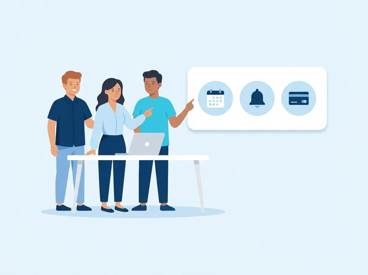 A small team at a desk, next to calendar, reminder and payment icons
