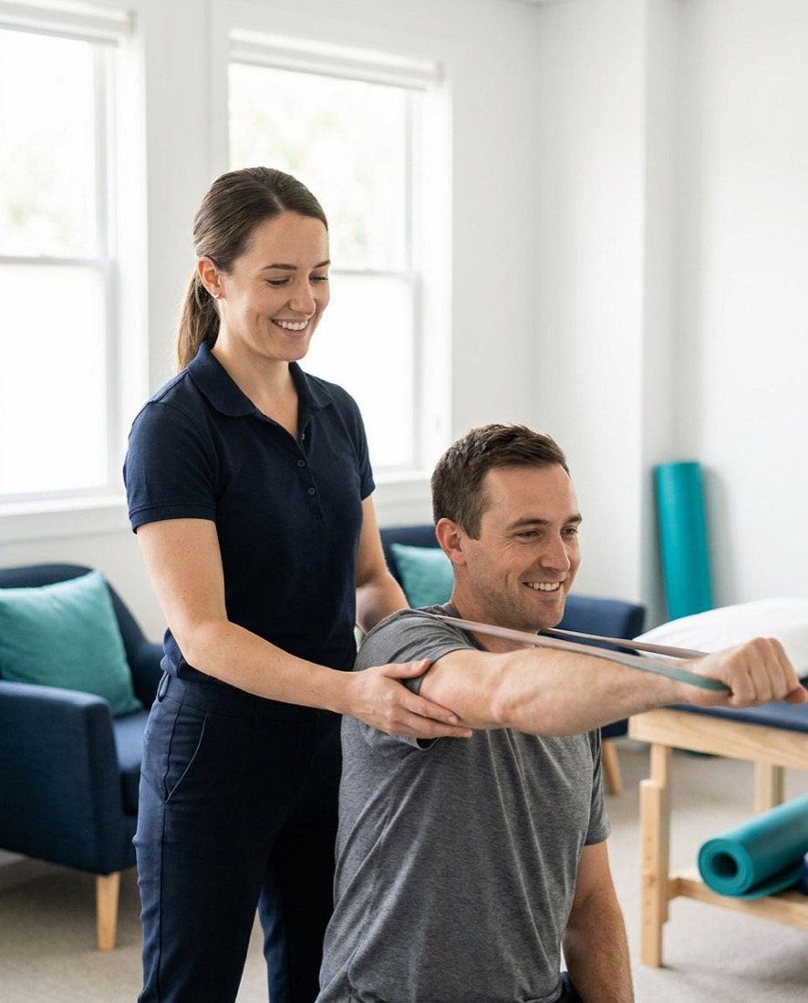 A clinician guiding a patient through a shoulder exercise