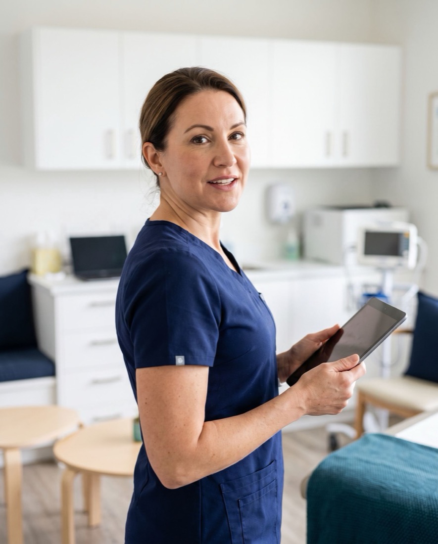 A provider reviewing a patient chart on a tablet
