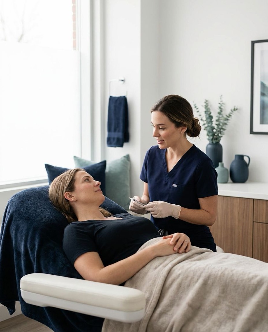 An injector talking with a client in a treatment room