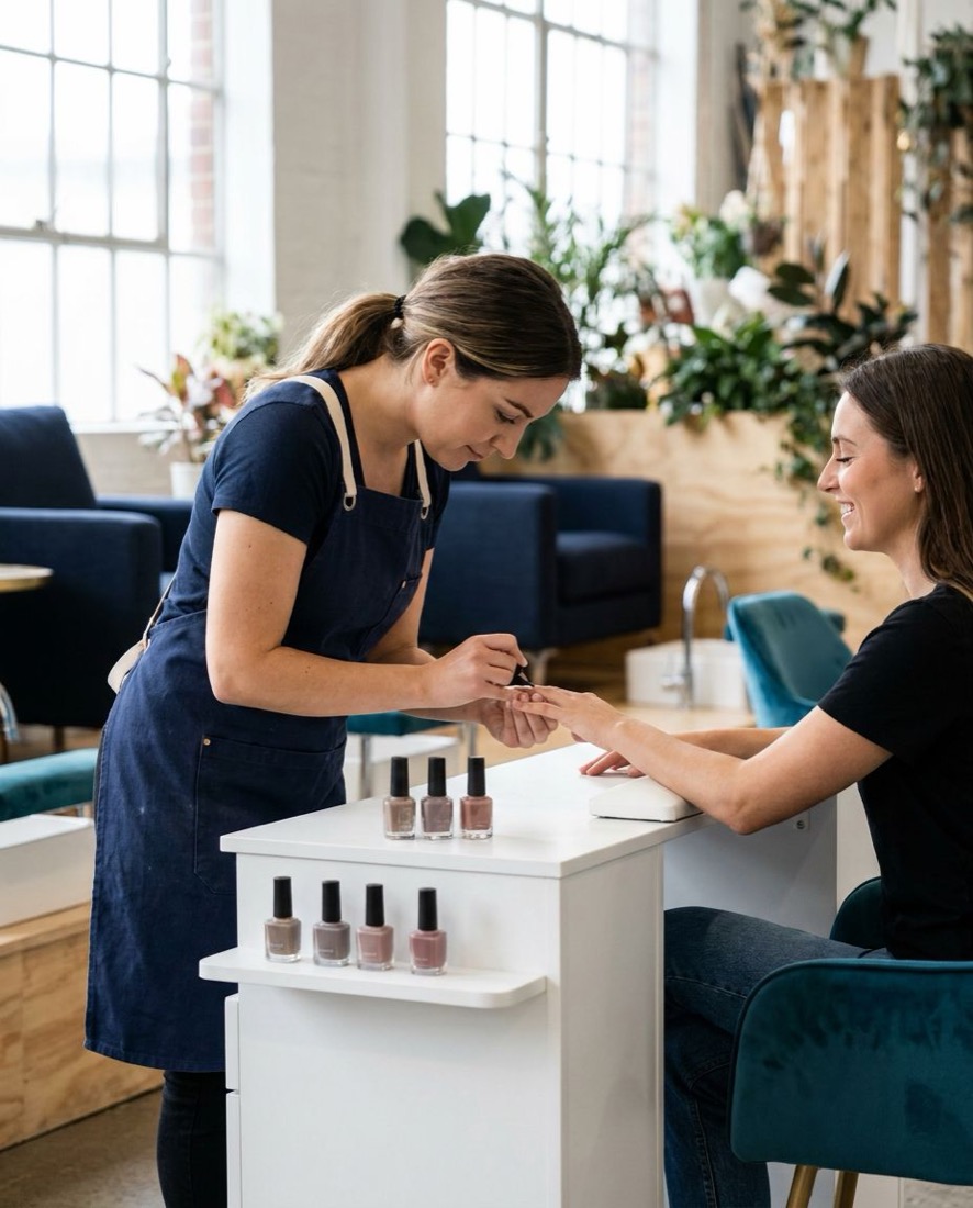 A nail artist painting a client’s nails